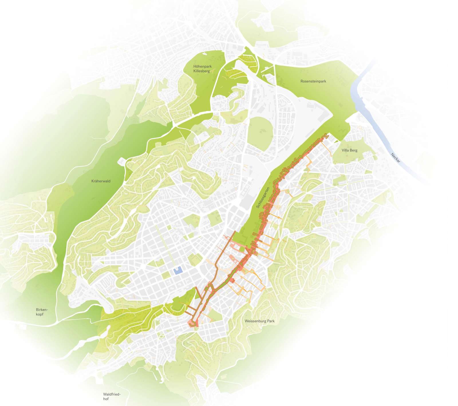 The new green joint closes the ›Green U‹ between Karlshöhe und Schloßgarten and forms a ›Geen O‹.
